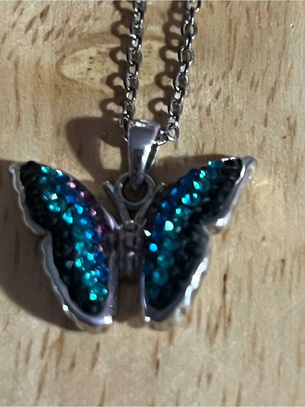 Silver Butterfly Pendant Necklace with Teal and Blue Crystals N210